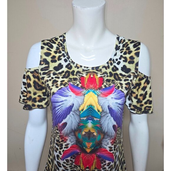 ASH & SARA Leopard Cold Shoulder Top Blouse with Colorful Design Women Size Sm - Picture 3 of 7